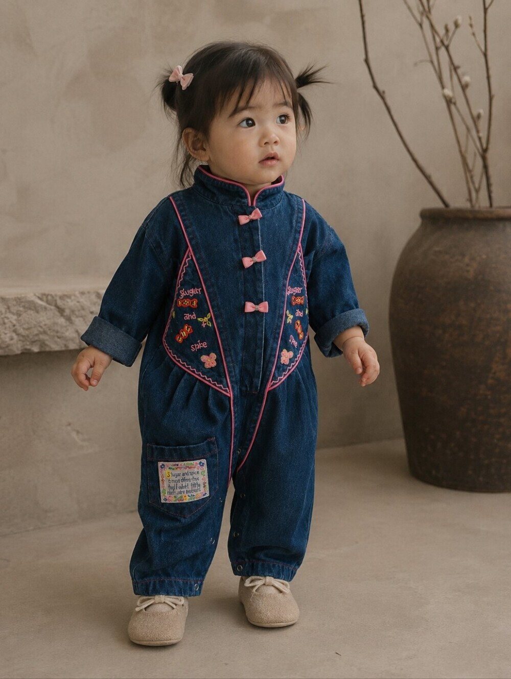 Vintage 90s Popsicle Baby Denim Romper 12M Sugar & Spice Embroidered